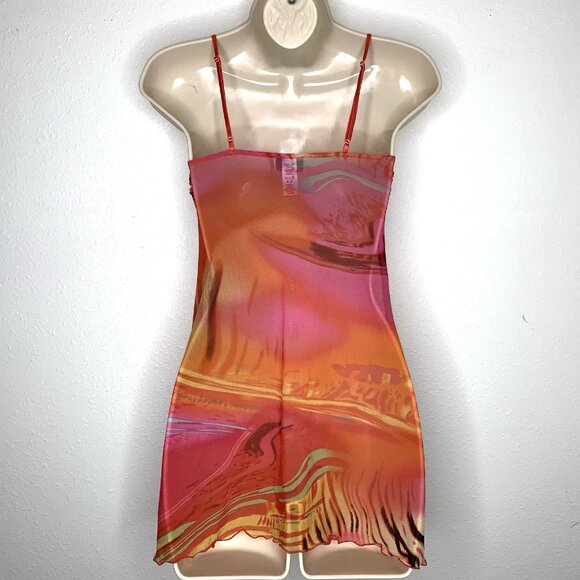 Y2K Sheer Watercolor Mesh RUFFLE Babydoll TOP S Chemise Tank Slip Dress Coquette - Picture 5 of 6